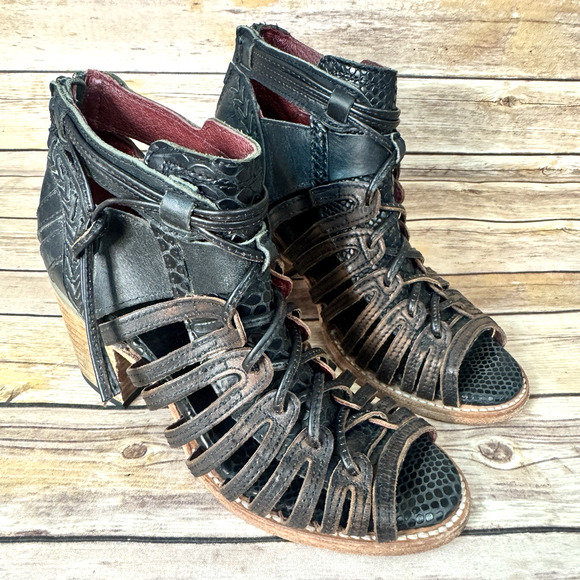 Freebird Womens Black Leather Gladiator Block Heel Open Toe Wazee Boots Size 7 - Picture 1 of 7